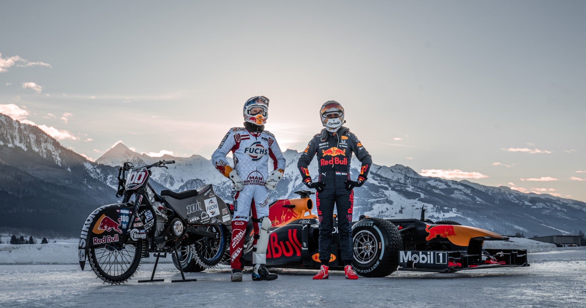<span>Champion ice speedway motorcyclist Franz Zorn (left) accompanied F1&rsquo;s Max Verstappen (right) for a friendly competition around the track</span> <br/><span class="caption-sub"><em>Photo credit: Malte Dressel </em></span><br/>